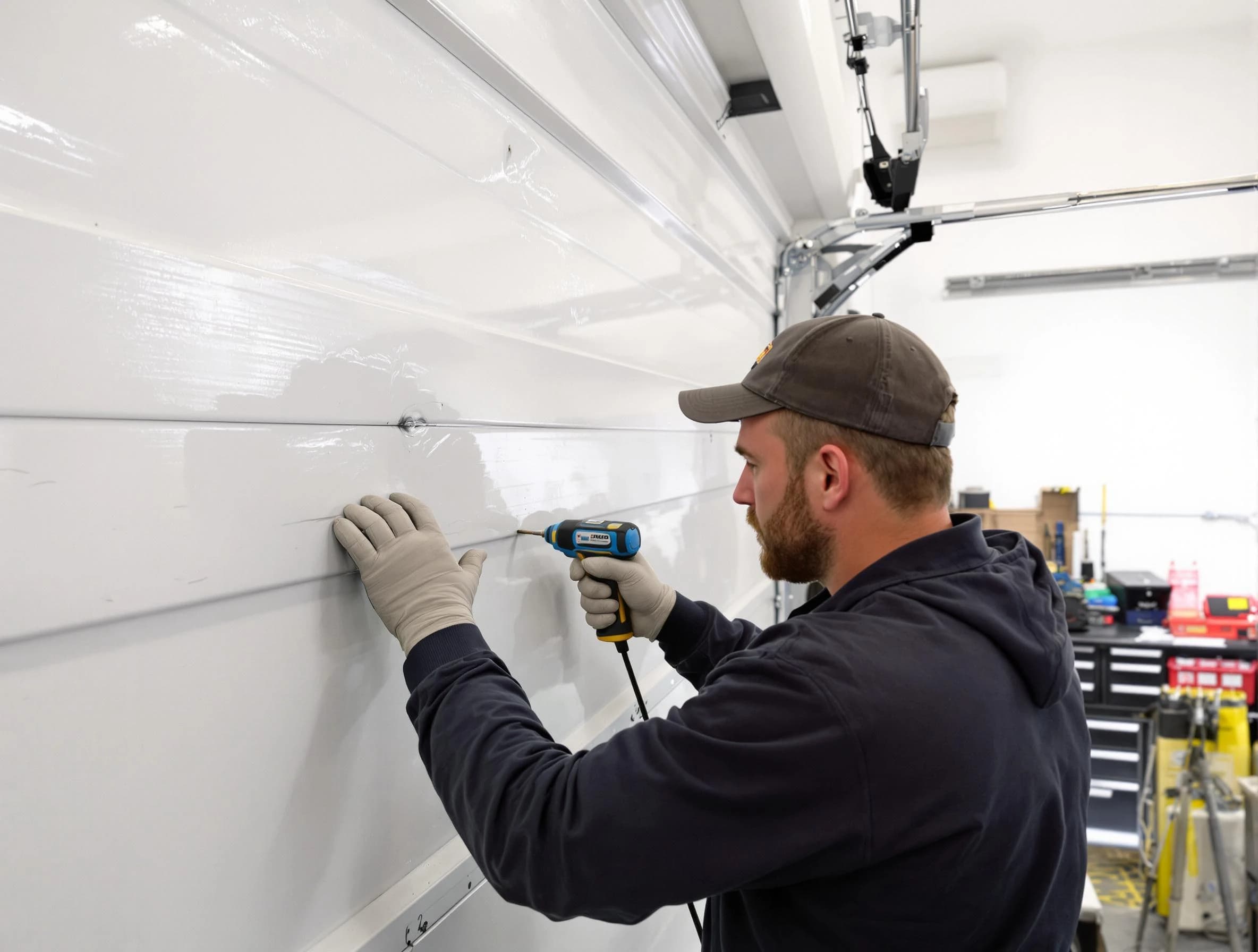 Louisville Garage Door Repair technician demonstrating precision dent removal techniques on a Louisville garage door